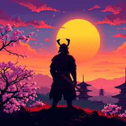 A pixel art scene capturing a stunning sunset in Japan, featuring a lone samurai standing on a hill