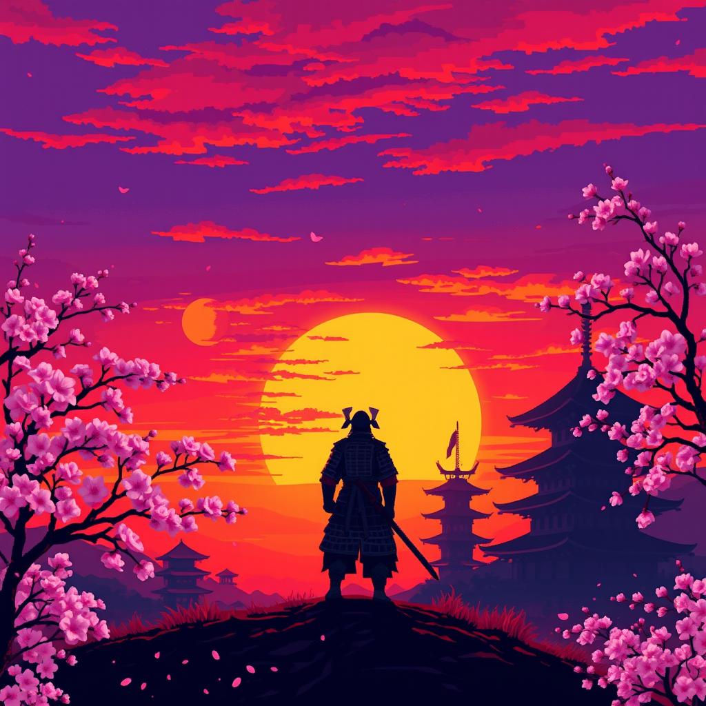 A pixel art scene capturing a stunning sunset in Japan, featuring a lone samurai standing on a hill