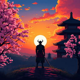 A pixel art scene capturing a stunning sunset in Japan, featuring a lone samurai standing on a hill