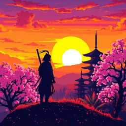 A pixel art scene capturing a stunning sunset in Japan, featuring a lone samurai standing on a hill