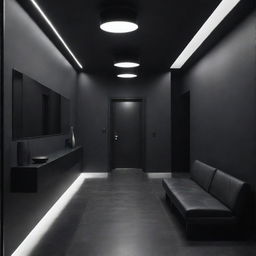 A masculine themed hall characterized by dark tones, futuristic lighting fixtures, and minimalist furniture with clean lines.