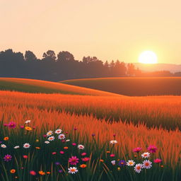 A morning landscape depicted in large-pixel pixel art, showcasing the fresh and vibrant start of a new day