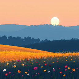 A morning landscape depicted in large-pixel pixel art, showcasing the fresh and vibrant start of a new day