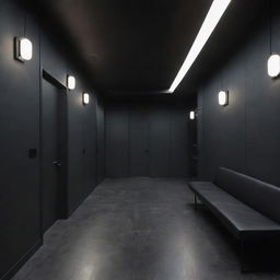 A masculine themed hall characterized by dark tones, futuristic lighting fixtures, and minimalist furniture with clean lines.