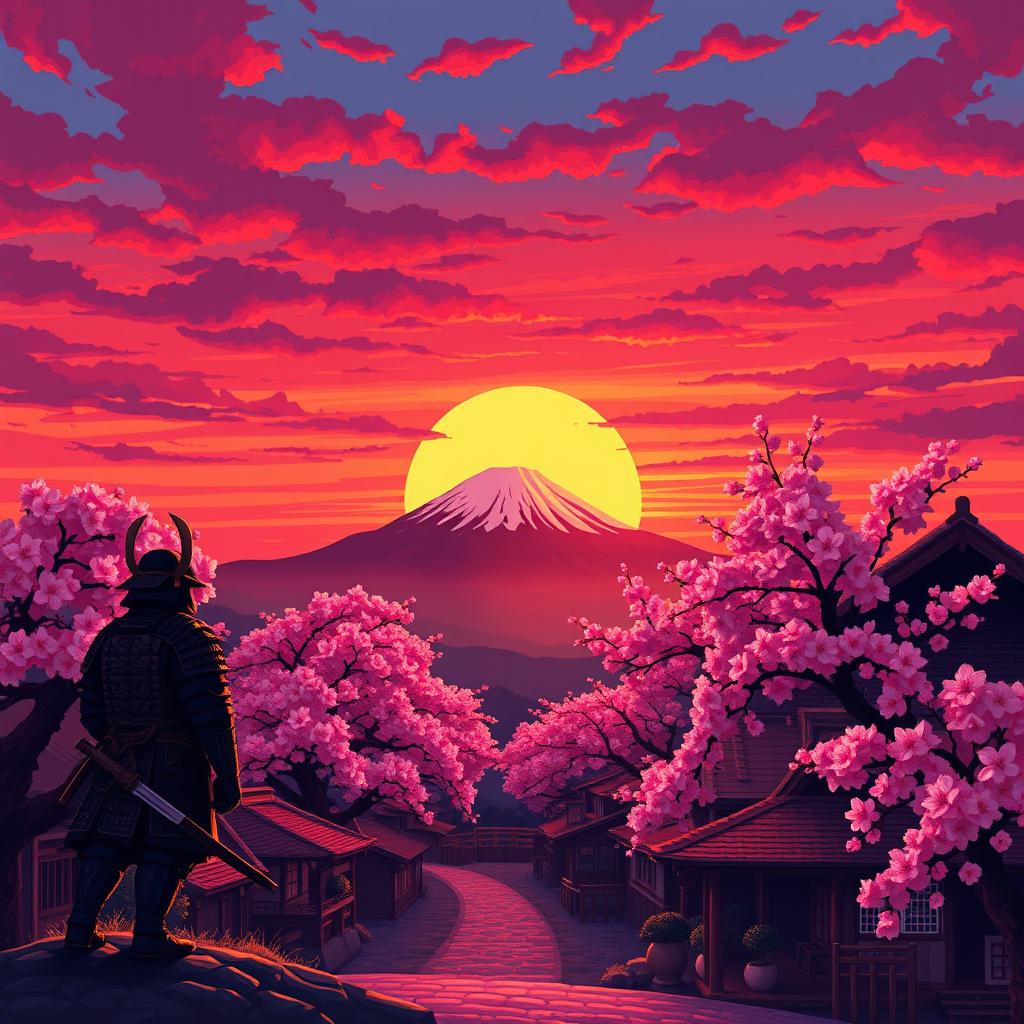 A scenic pixel art landscape featuring a majestic sunset over a traditional Japanese village