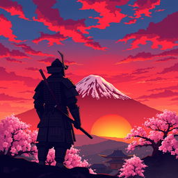 A scenic pixel art landscape featuring a majestic sunset over a traditional Japanese village