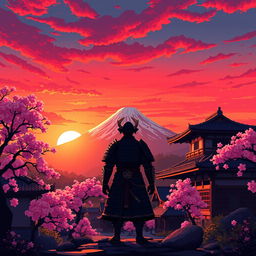 A scenic pixel art landscape featuring a majestic sunset over a traditional Japanese village