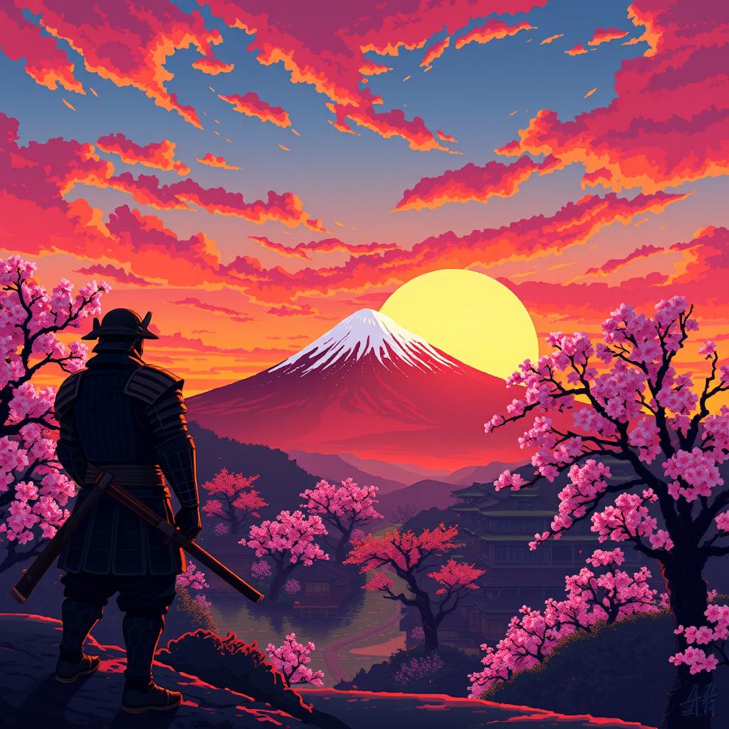 A scenic pixel art landscape featuring a majestic sunset over a traditional Japanese village