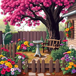 Pixel artwork with large pixels depicting a charming scene of grandma's yard