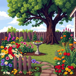 Pixel artwork with large pixels depicting a charming scene of grandma's yard