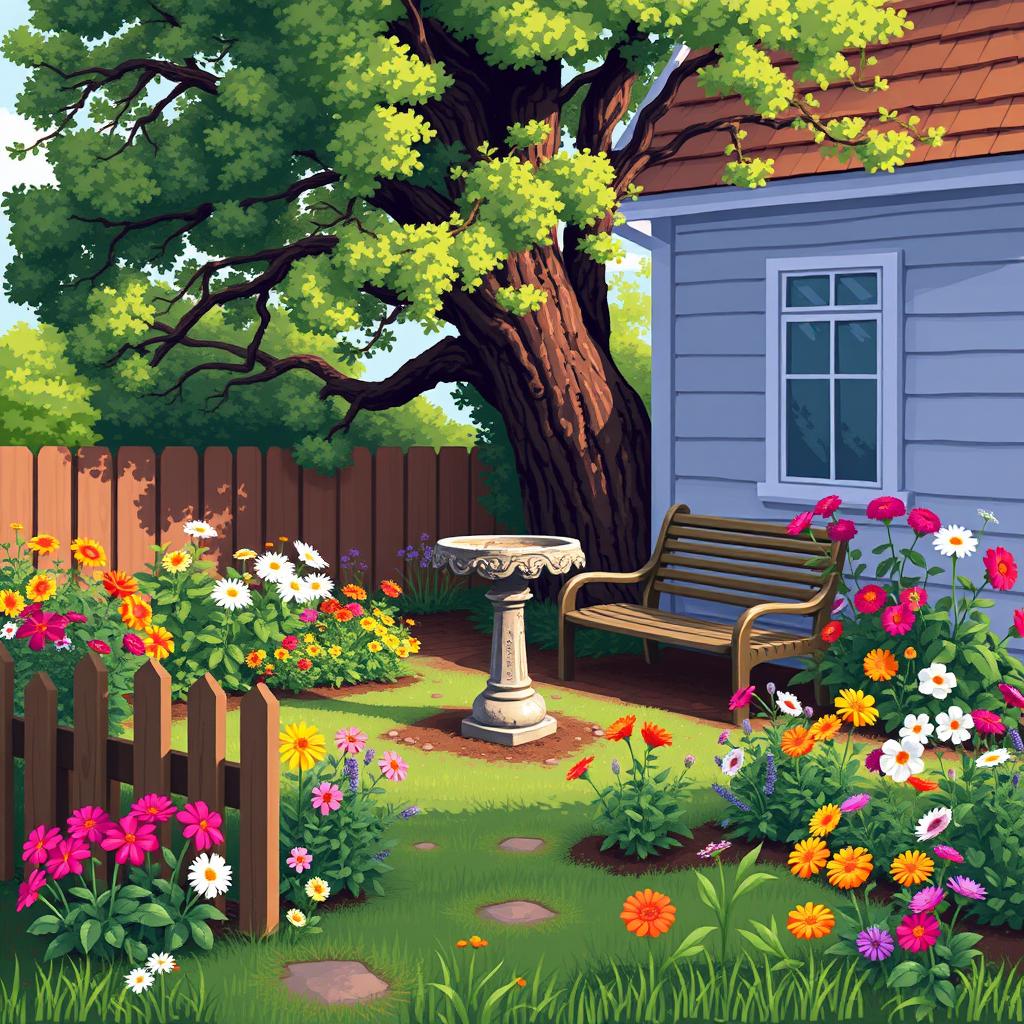 Pixel artwork with large pixels depicting a charming scene of grandma's yard