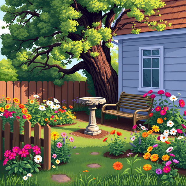 Pixel artwork with large pixels depicting a charming scene of grandma's yard