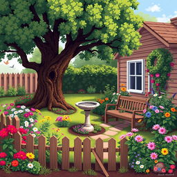 Pixel artwork with large pixels depicting a charming scene of grandma's yard