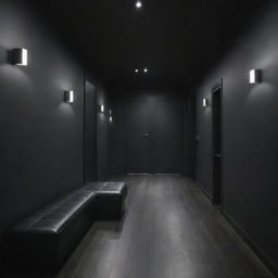 A masculine themed hall characterized by dark tones, futuristic lighting fixtures, and minimalist furniture with clean lines.