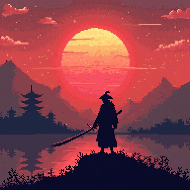 A vibrant pixel art scene of a sunset in a traditional Japanese setting