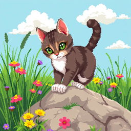 A charming scene of a cat in nature rendered in pixel art with very large pixels