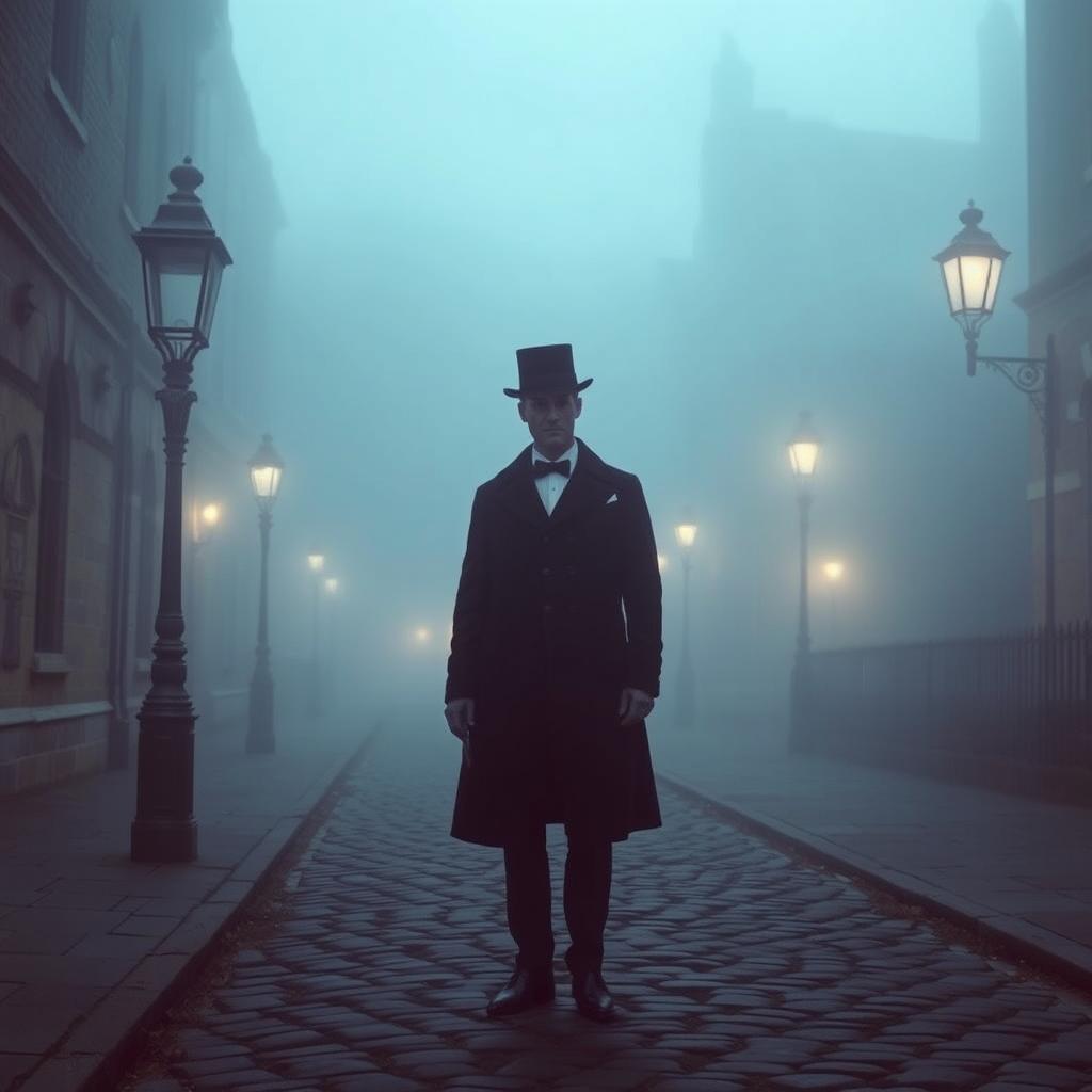 An atmospheric scene of a cobbled street in Oxford University, shrouded in fog