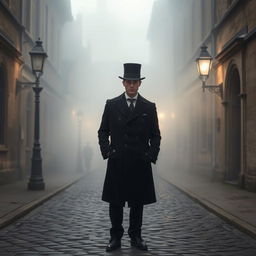 An atmospheric scene of a cobbled street in Oxford University, shrouded in fog