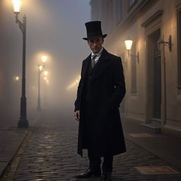 An atmospheric scene of a cobbled street in Oxford University, shrouded in fog