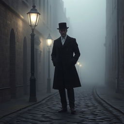 An atmospheric scene of a cobbled street in Oxford University, shrouded in fog