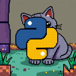 Pixel art featuring the Python logo in the foreground with a gray cat in the background