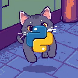 Pixel art featuring the Python logo in the foreground with a gray cat in the background