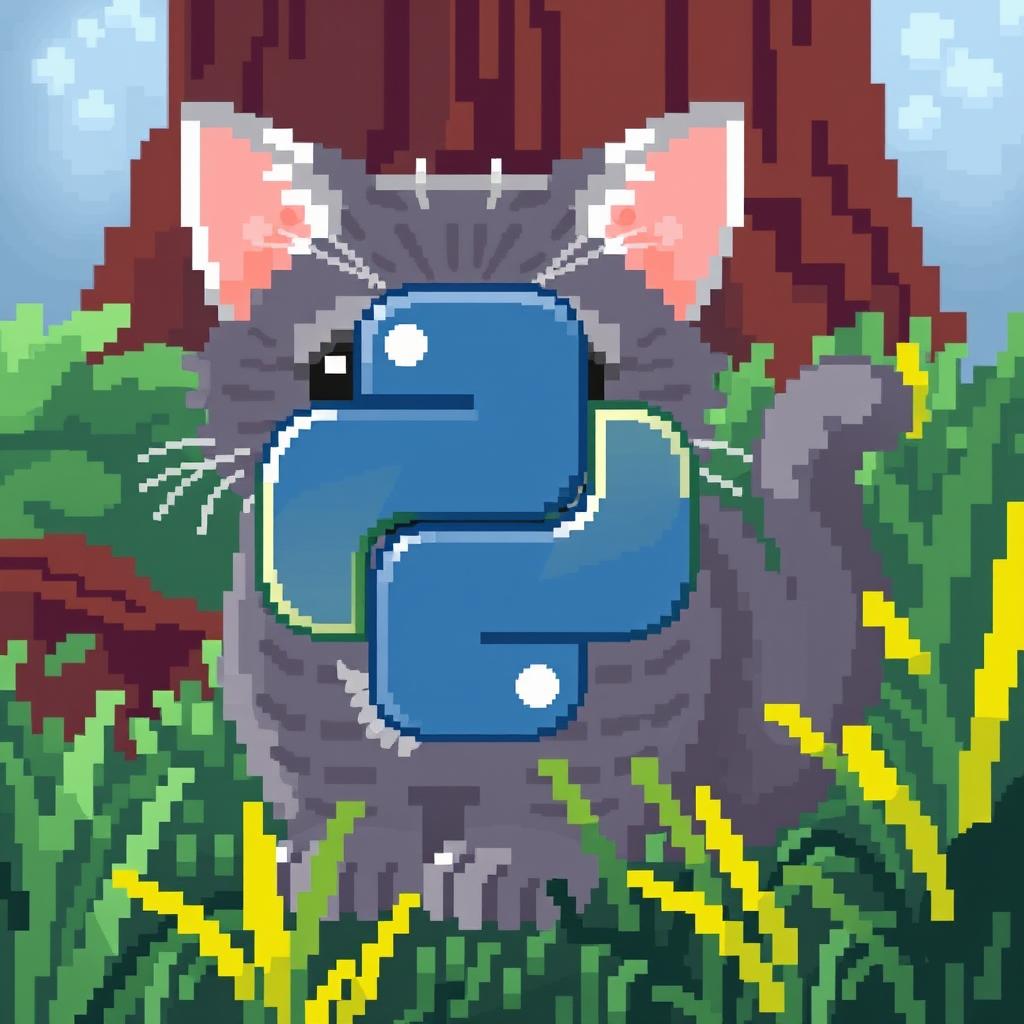 Pixel art featuring the Python logo in the foreground with a gray cat in the background