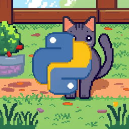 Pixel art featuring the Python logo in the foreground with a gray cat in the background