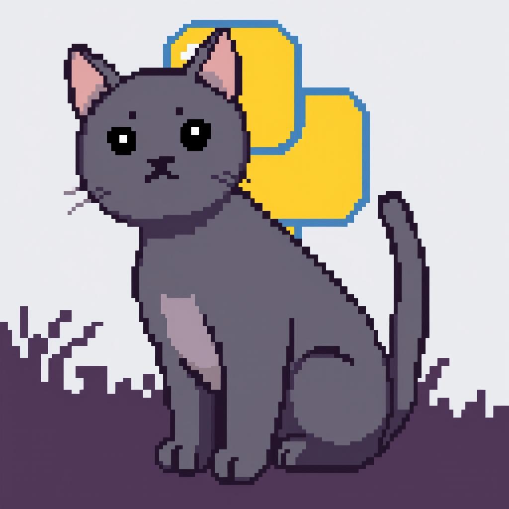 Pixel art with a resolution of 32x32 featuring a gray cat in the foreground and the Python logo in the background