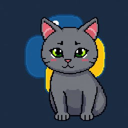 Pixel art with a resolution of 32x32 featuring a gray cat in the foreground and the Python logo in the background