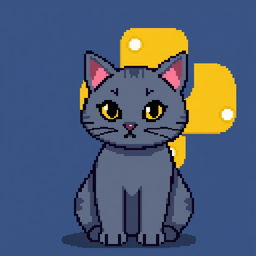 Pixel art with a resolution of 32x32 featuring a gray cat in the foreground and the Python logo in the background