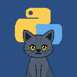 Pixel art with a resolution of 32x32 featuring a gray cat in the foreground and the Python logo in the background