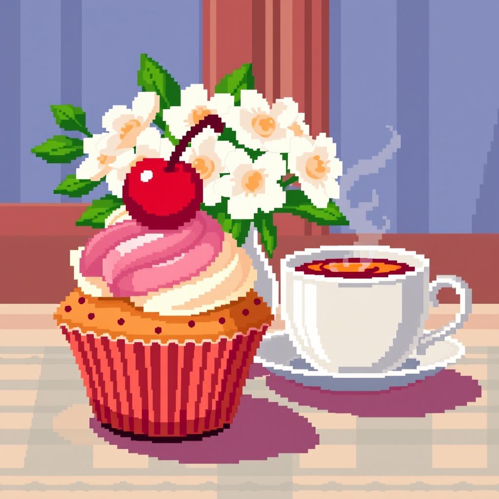 Pixel illustration of a large-pixel cupcake with a cherry on top, placed on a table