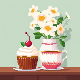 Pixel illustration of a large-pixel cupcake with a cherry on top, placed on a table