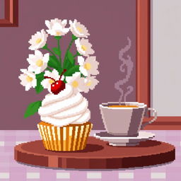 Pixel illustration of a large-pixel cupcake with a cherry on top, placed on a table