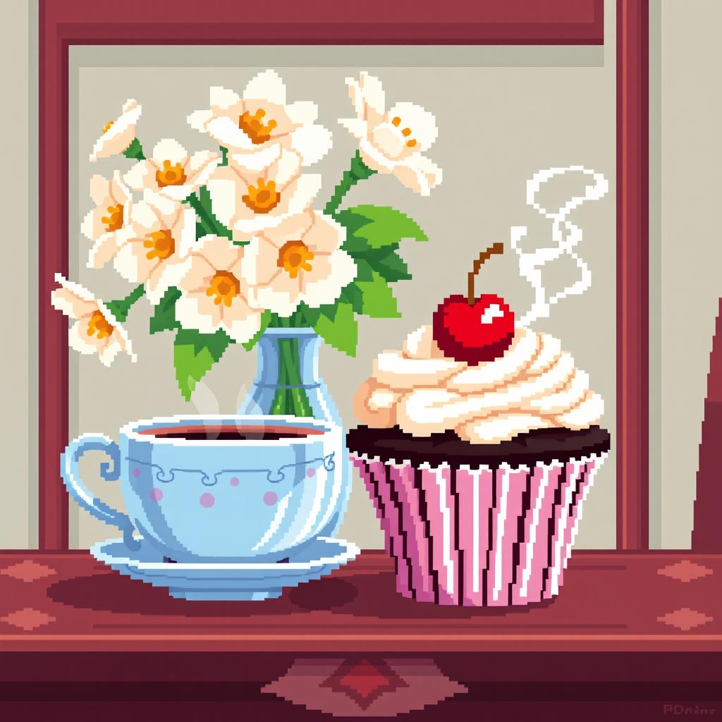 Pixel illustration of a large-pixel cupcake with a cherry on top, placed on a table