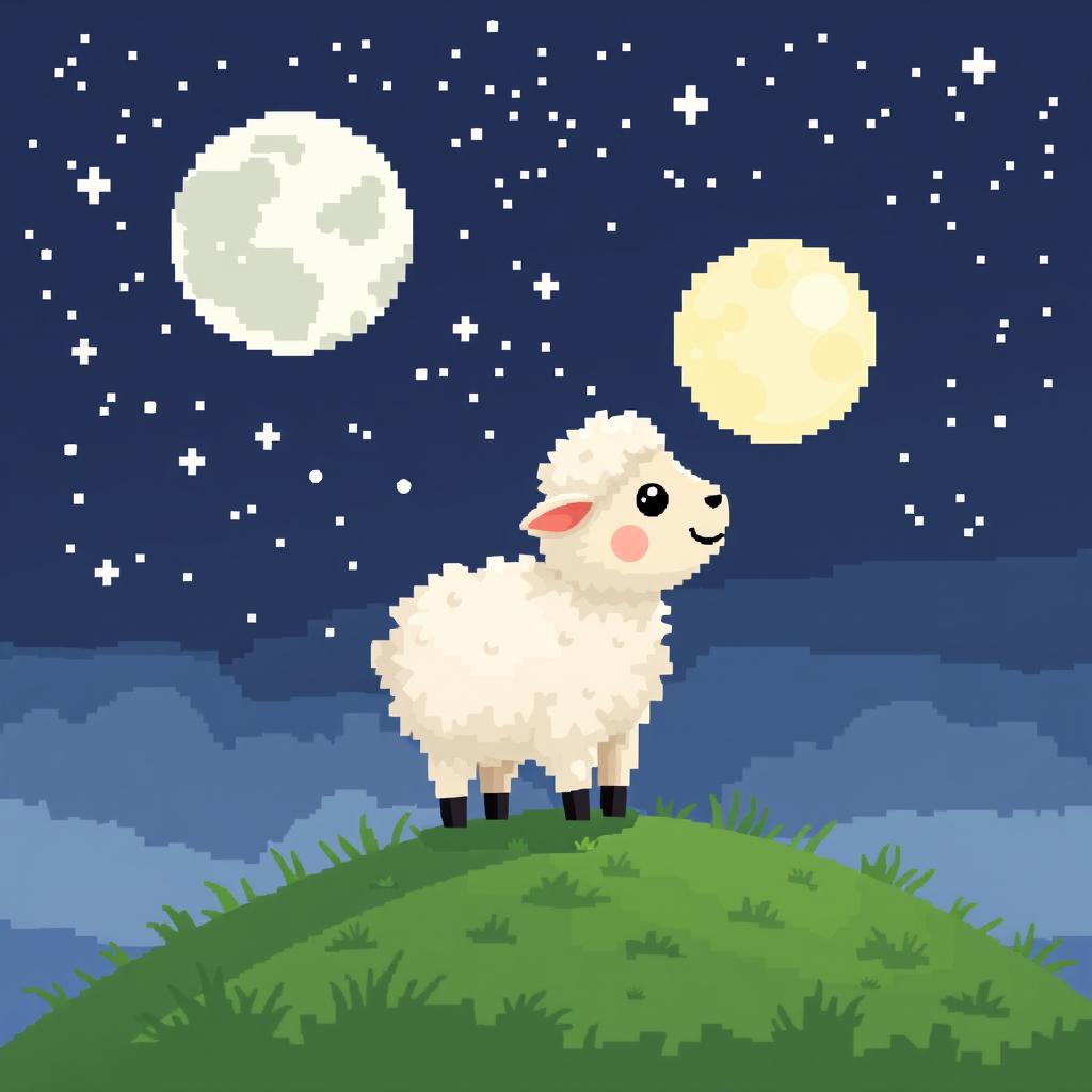 A pixelated illustration with large pixels featuring a cute little sheep gazing at the starry night sky