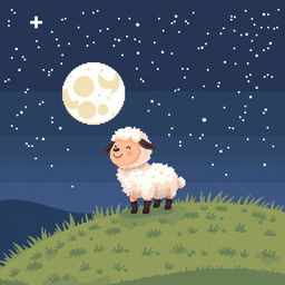 A pixelated illustration with large pixels featuring a cute little sheep gazing at the starry night sky