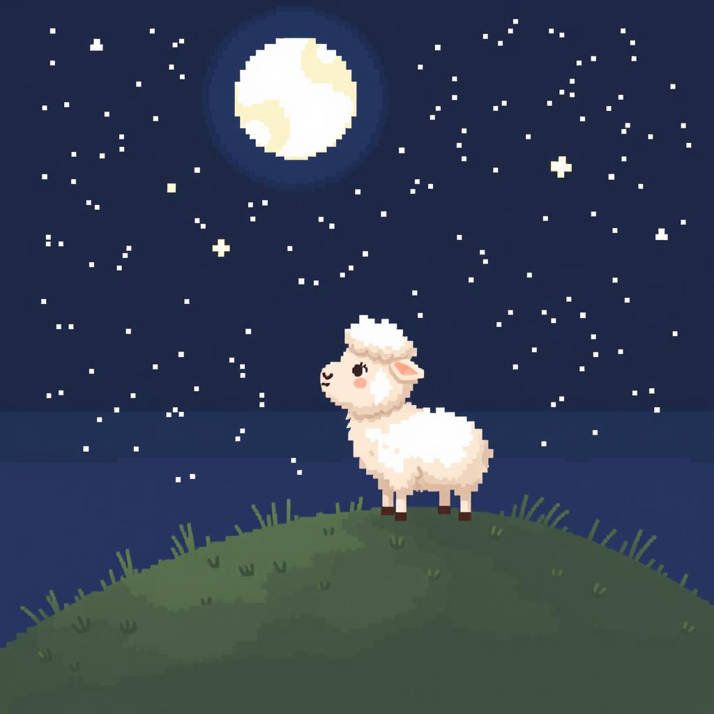 A pixelated illustration with large pixels featuring a cute little sheep gazing at the starry night sky