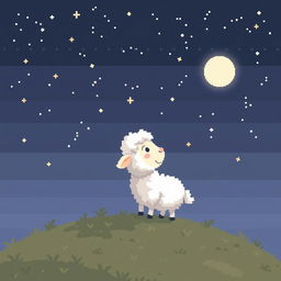 A pixelated illustration with large pixels featuring a cute little sheep gazing at the starry night sky