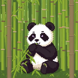 Pixel art of a panda eating bamboo in a bamboo forest, with large visible pixels