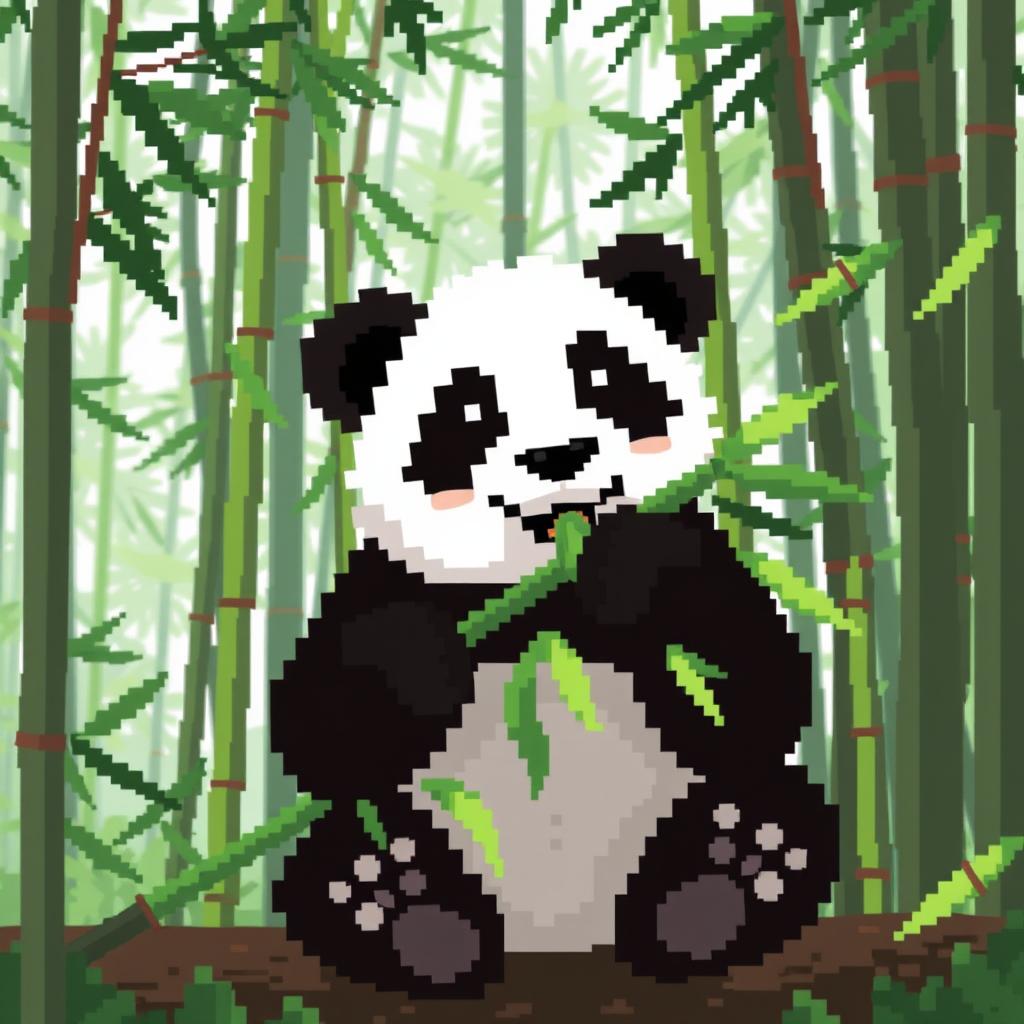 Pixel art of a panda eating bamboo in a bamboo forest, with large visible pixels