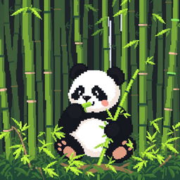 Pixel art of a panda eating bamboo in a bamboo forest, with large visible pixels