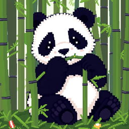 Pixel art of a panda eating bamboo in a bamboo forest, with large visible pixels