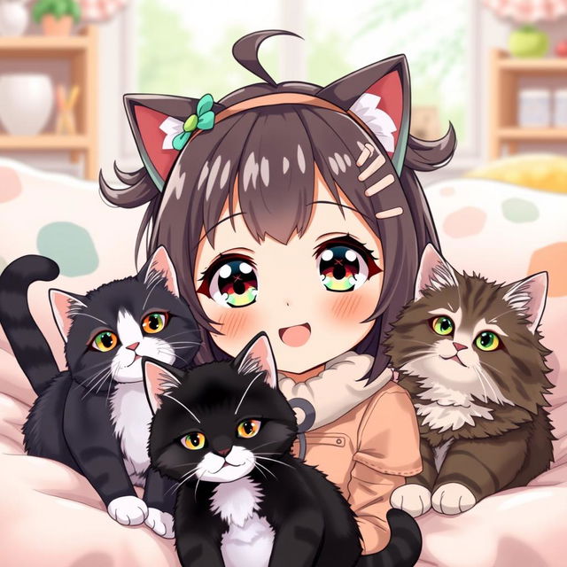 A cute anime girl with an adorable expression, surrounded by two playful cats