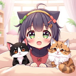 A cute anime girl with an adorable expression, surrounded by two playful cats