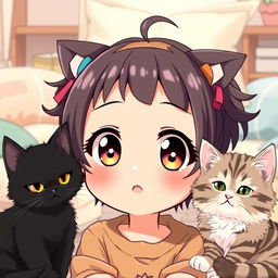 A cute anime girl with an adorable expression, surrounded by two playful cats