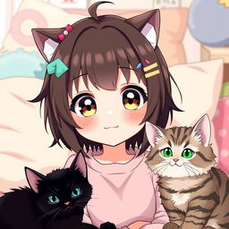 A cute anime girl with an adorable expression, surrounded by two playful cats