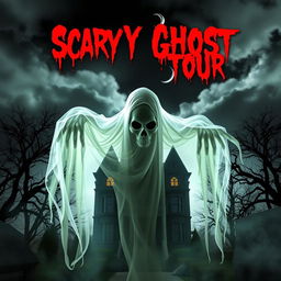 A terrifyingly atmospheric poster for a ghost tour, featuring a haunting spectral figure looming in the foreground