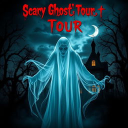 A terrifyingly atmospheric poster for a ghost tour, featuring a haunting spectral figure looming in the foreground